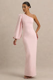 Kellis Pink Asymmetric Maxi Dress With Balloon Sleeve