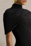 Enchant Black Asymmetric Twisted Cape Midi Dress