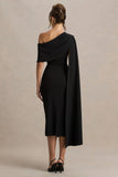 Leah Black Asymmetric Neck Midi Dress With Cape Sleeve