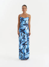Blue Floral Print Satin Maxi Dress Monique