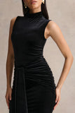 Idalina Black Velvet High Neck Maxi Dress With Gathered Detailing