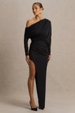 Olivia Black Asymmetric Neck Maxi Dress With Ruched Detailing And Asymmetric Hem