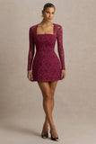 Bijou Burgundy Square Neck Lace Long Sleeve Mini Dress