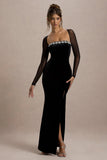 Ashby Black Velvet Embellished Square Neck Split Maxi Dress