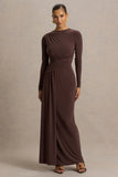 Virelle Brown Boat Neck Maxi Dress With Wrap Detail And Sash