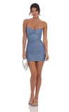Pleated Shimmer Ruched Strapless Dress in Blue