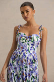 Peyton Purple Lily Print Satin Sweetheart Neck Midi Dress With Pleated Details