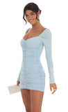 Ruched Long Sleeve Bodycon Dress in Light Blue