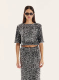 Black Sequin Boxy Crop T shirt