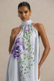 Evita Powder Blue Rose Print High Neck A Line Mini Dress With Bow