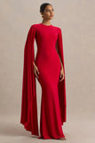 Briony Red Crew Neck Maxi Dress With Cape Sleeves