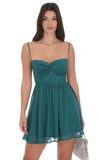 Shimmer Front Twist A line Dress in Teal