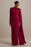Frances Burgundy High Neck Maxi Dress With Cape Detail