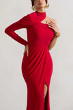 Tyla Red Asymmetric High Neck Split Maxi Dress