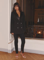Black Satin Lapel Double Breasted Tuxedo Blazer