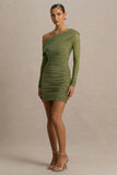 Gina Olive Asymmetric Neck Ruched Mini Dress