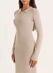 Beige Collared Knit Maxi Dress