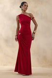 Caelia Red Asymmetric Neck Maxi Dress With Gold Detailing And Sash
