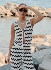 Navy And Cream Wave Crochet Tie Side Top