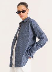 Navy And White Stripe Cotton Tie Back Detail Shirt