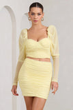 Butterfly Yellow Puff Sleeve Ruched Crop Top