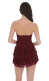 Lace Strapless Ruched Ruffle Dress in Burgundy
