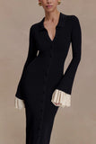 Amirose Ruffle Knit Midi Dress Black