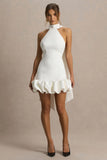 Geneve White Halter Neck Mini Dress With Ruffled Trim
