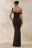 Afina Brown Lace Asymmetric Neck Maxi Dress