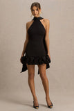 Geneve Black Halter Neck Mini Dress With Ruffled Trim