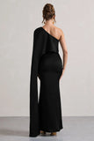 Amora Black Satin Asymmetric Cape Sleeve Split Maxi Dress