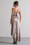 Willa Taupe Satin Bandeau Maxi Dress With Asymmetric Hem