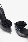 Sharpened Black Lace Up Clear Stiletto Heels With Diamante Flowers