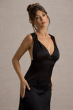 Beck Black Satin Plunge Neck Cross Back Midi Dress