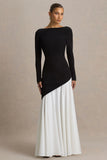 Caty Black And White Long Sleeved Maxi Dress With Asymmetric Drop Waist