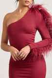 Wild One Burgundy One Shoulder Bodycon Midi Dress With Feather Trimmed Sleeve