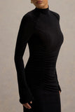 Cassandra Black High Neck Long Sleeve Midi Dress