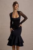 Sander Black Mesh Long Sleeve Ruffle Hem Midi Dress