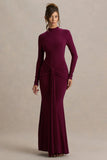 Pietra Berry High Neck Long Sleeve Knot Maxi Dress