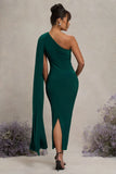 Amaryllis Bottle Green Maternity One Shoulder Maxi Dress with Cape Sleeve