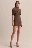 Perdi Brown Bodycon Mini Dress With Twisted Cape