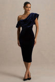 High End Navy Velvet Asymmetric Neck Midi Dress With Draped Detailing