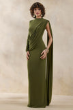 Oliria Olive High Neck Maxi Dress With One Long Sleeve And Sash Detail