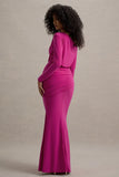 Deanna Hot Pink Asymmetric Long Sleeve Ruched Maxi Dress