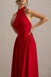 Cynthia Red High Neck Maxi Dress With Volume Skirt