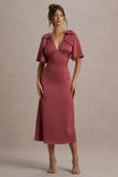 Danna Rose Pink Satin V Neck Short Sleeve Midi Dress