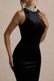 Audrine Black Velvet Embellished High Neck Maxi Dress