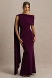 Tiana Dark Plum Asymmetric Neck Maxi Dress With Draped Detail