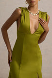 Ysabella Olive Satin Plunge Neck Split Maxi Dress