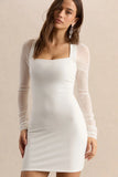 Alisse White Square Neck Mini Dress With Mesh Long Sleeves